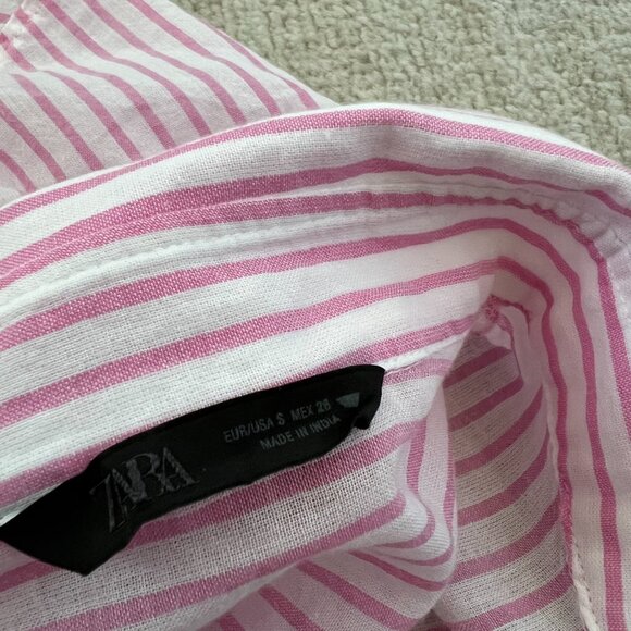 Zara White Pink Cotton Stripe Long Sleeve Button Up Sheer Oversize Blouse Top S - Picture 2 of 11